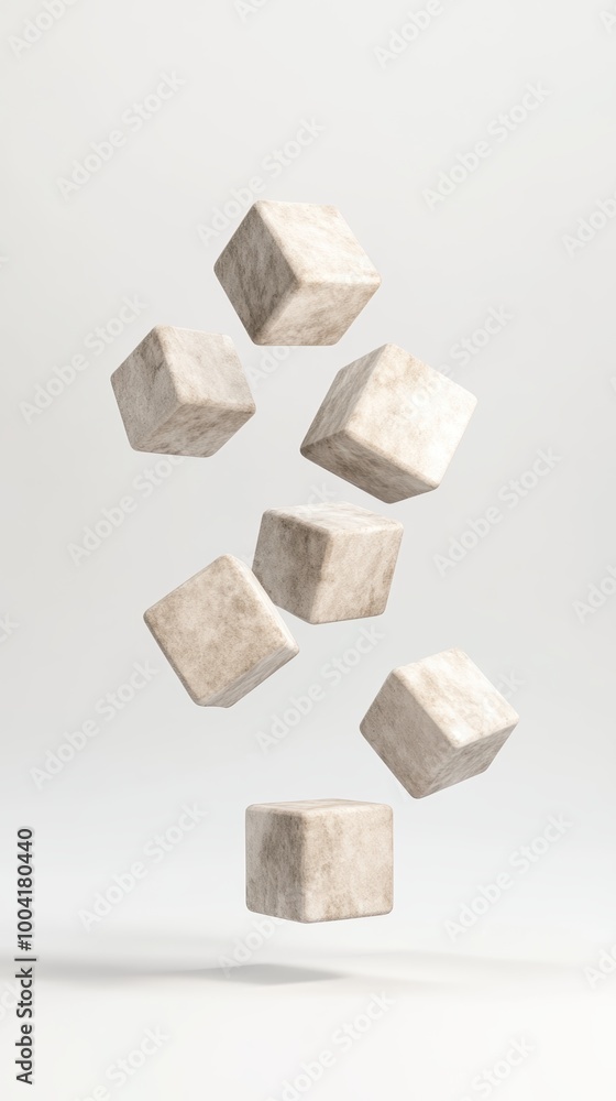 Poster abstract floating cubes in various orientations on a white background.