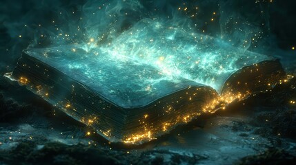 Obraz premium enchanting illustration of an ancient magical book glowing softly surrounded by sparkling wisps of light and ethereal elements inviting curiosity and adventure in a fantasy realm