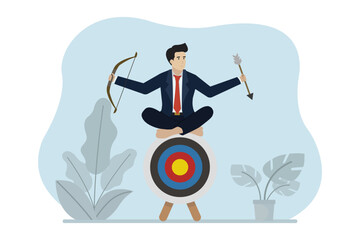Concentration and focus on business target, business target, businessman holding arrow and bow meditating and focusing on target bullseye. Business vector illustration.
