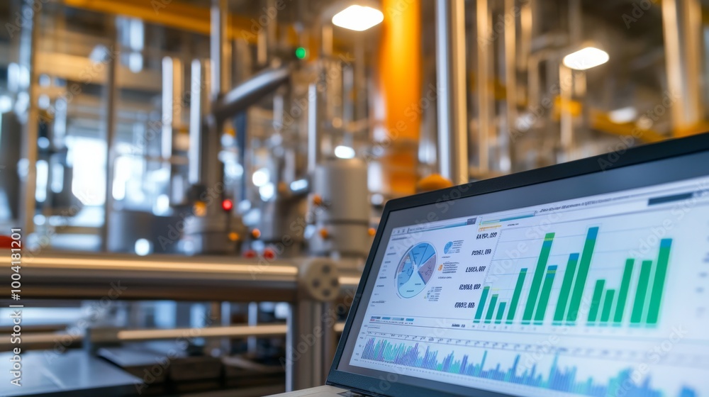 Poster a laptop displaying data analytics in a modern industrial facility, showcasing graphs and metrics am