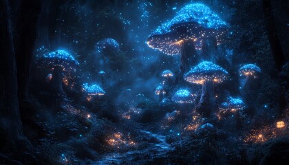 Fototapeta premium Bioluminescent mushrooms lighting up a dark enchanted forest, creating a mystical and otherworldly scene