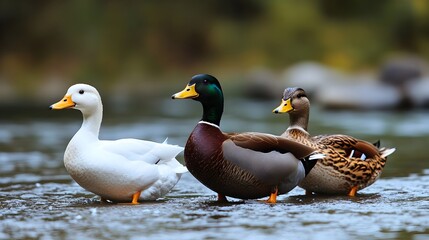 Obraz premium Three Adorable Ducks Swimming Peacefully in a Tranquil Pond