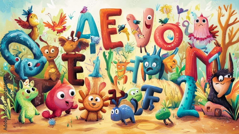 Fototapete a vibrant a-z alphabet poster filled with playful characters representing each letter, from a to z. 