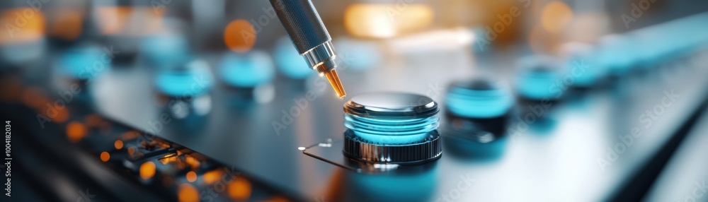 Poster close-up of a laboratory pipette transferring liquid into a vial, showcasing the process of scientif