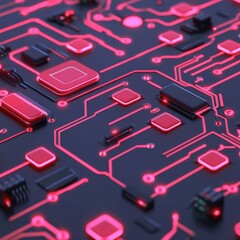 Close-up of a modern circuit board with glowing pink elements on a dark background.