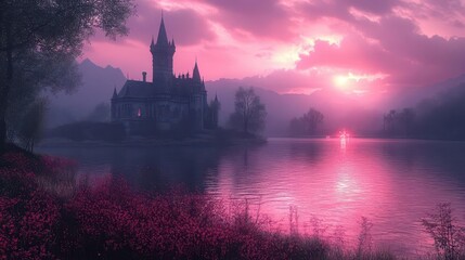 Naklejka premium enigmatic overgrown chateau rising majestically from tranquil waters reflecting an enchanting aura of mystery and forgotten beauty at dusk under a purplehued sky