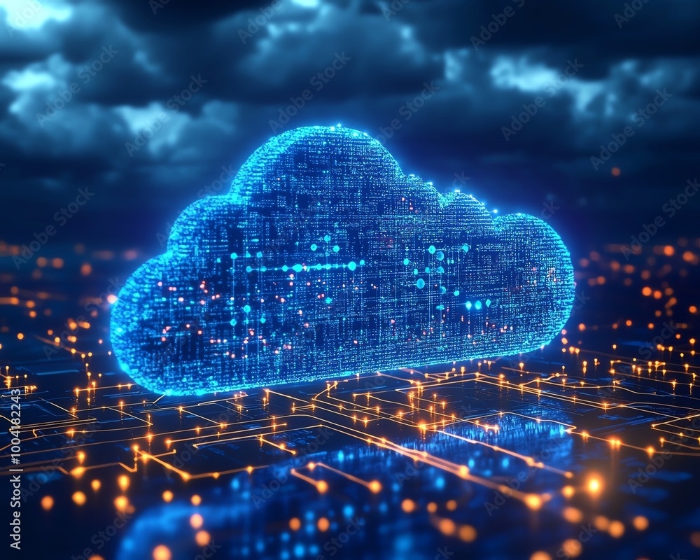 Poster cloud illustration capturing the acceleration of digital transformation as businesses integrate clou