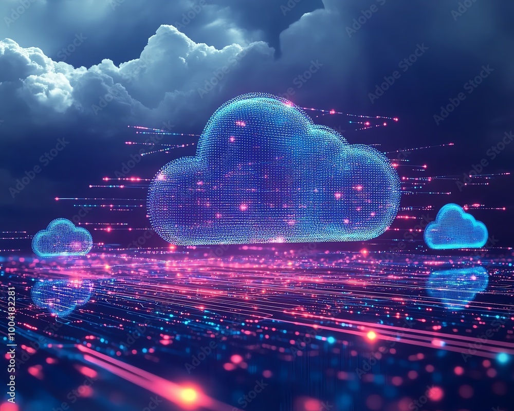 Poster cloud illustration capturing the acceleration of digital transformation as businesses integrate clou