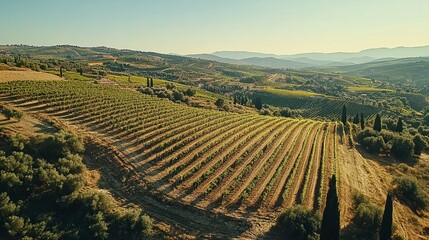 Naklejka premium An aerial shot of a vineyard stretching across rolling hills in a Mediterranean landscape, with grapes ready for harvest. The scenic view highlights the global wine industry.