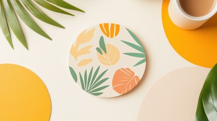 Boho-style paper coaster with tropical leaf design and earthy tones on minimalist background