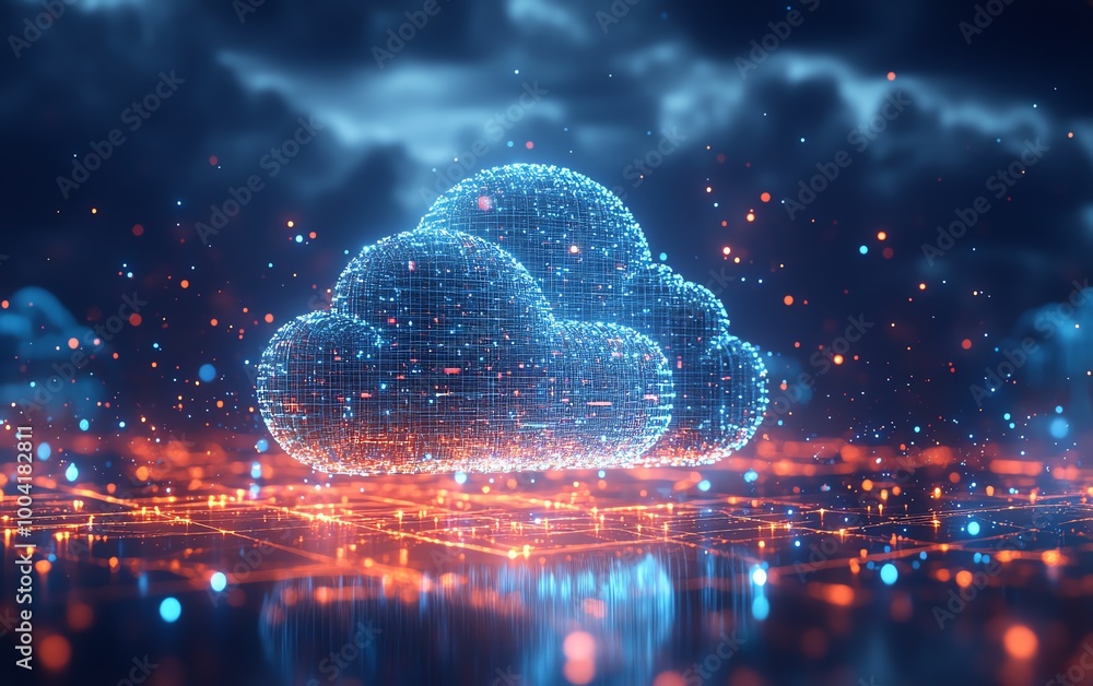 Poster cloudbased solutions revolutionizing businesses, illustrated with digital transformation themes to s