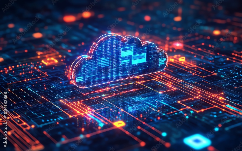 Poster Cloudbased solutions revolutionizing businesses, illustrated with digital transformation themes to show enhanced agility and streamlined operations