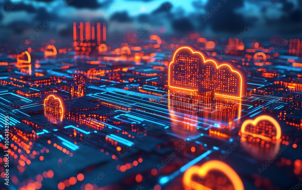 Poster cloudbased solutions revolutionizing businesses, illustrated with digital transformation themes to s