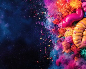 Colorful abstract background with vibrant textures and shapes, creating a captivating visual explosion.