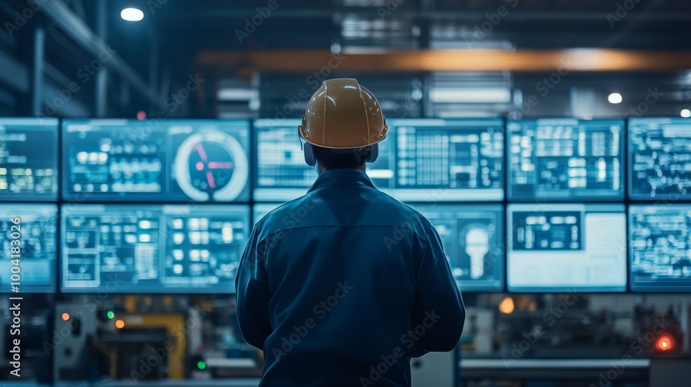 Poster a worker in a hard hat monitors multiple control screens in a high-tech industrial setting, emphasiz
