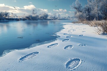 Obraz premium Footprints in the snow by a tranquil river in winter afternoon light