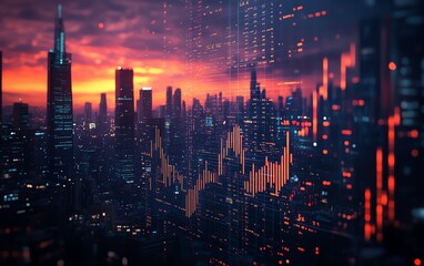 Fototapeta premium Contemporary city business center backdrop featuring a stock market bar chart, illustrating finance and trading themes
