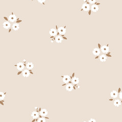 Vector illustration. Seamless pattern of white small flowers on a beige background. Ditsy floral beige pattern, field of flowers, print for fabric, textile, wallpaper, baby clothes, packaging