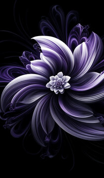 Abstract swirling purple and white flower on black