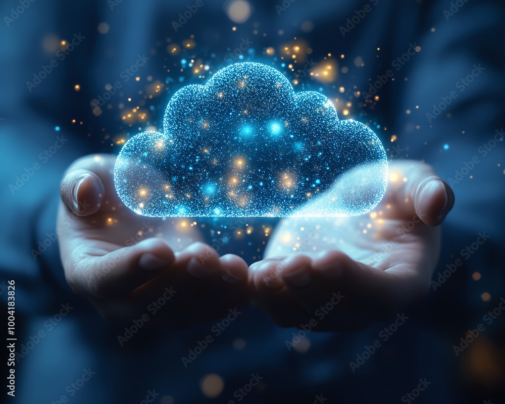 Poster Digital transformation concept with a person holding a virtual cloud, showcasing the shift to cloudbased solutions for improved business agility