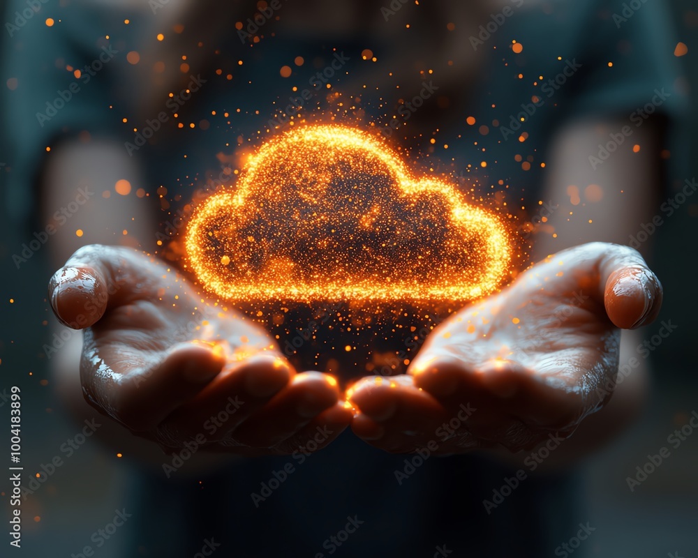 Poster Digital transformation concept with a person holding a virtual cloud, showcasing the shift to cloudbased solutions for improved business agility