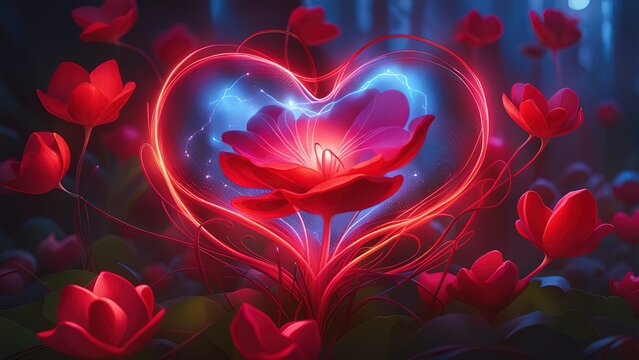 An abstract, artistic object that resembles a glowing heart with petals arranged symmetrically. Love's Cosmic Blossom