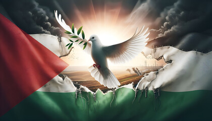 A dove with the palestinian flag behind it representing freedom and peace
