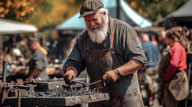Blacksmith working at a craft fair, focused task