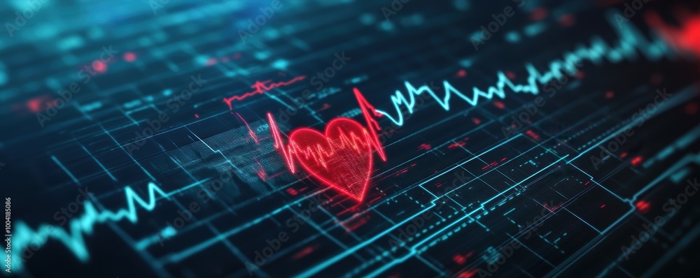 Wall mural digital heartbeat monitor with heart icon and electrocardiogram graph on a dark background.