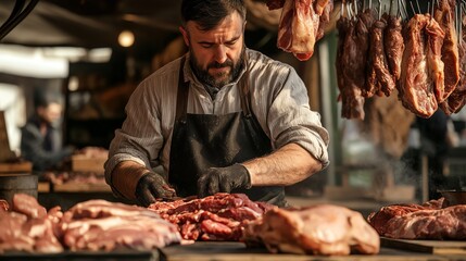 Butcher preparing fresh meat at a market