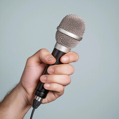 Close-up of a hand gripping a microphone, ideal for concepts of interviews, public speaking, performances, or media events