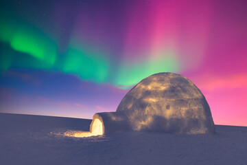 Aurora borealis. Northern lights in winter field. Wintry scene with glowing polar lights and snowy...