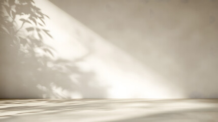 Beige Flooring and Walls in Sunlit Room with Leaf Shadows as Background for Product Presentation