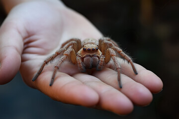 Obraz premium animal by ai // spider in human hand, biggest jumping spider in brown color, dark background, photorealistic