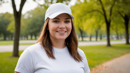 Plus size woman wearing white t-shirt and white baseball cap standing in the park