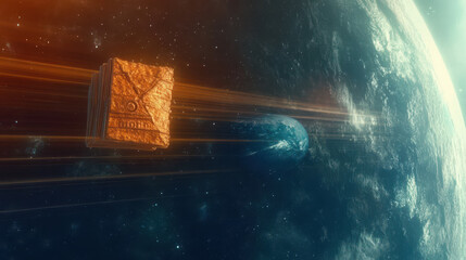 cube-shaped satellite orbiting a planet that resembles Earth with a visible ring system.