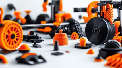 3D printing research lab, advanced 3D printers creating models, hightech environment, isolated on white background