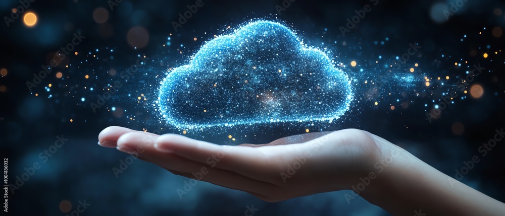Poster hand holding a dynamic virtual cloud, illustrating the rapid adoption of cloudbased solutions for en