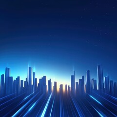 Futuristic skyline with glowing buildings against a vibrant blue background, representing modern urban architecture.