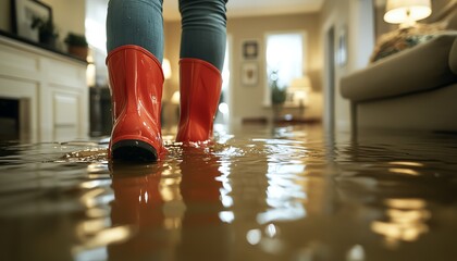 Home interior flooded with water, showcasing a person in red rubber boots wading through the inundated room
