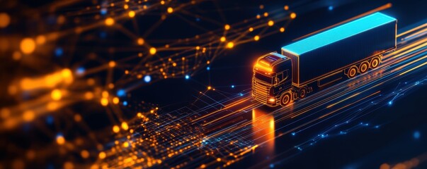 Futuristic truck on a vibrant road with glowing lights, symbolizing speed and technology in transport.