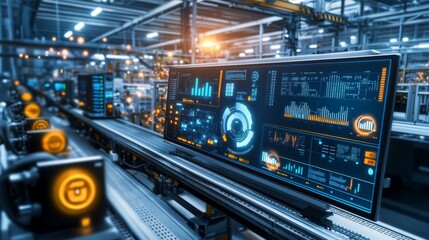 A high-tech control interface displays real-time analytics in a modern industrial environment, featuring digital graphs and interactive elements.