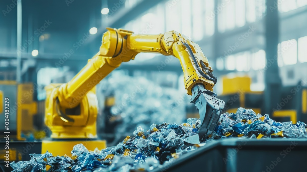 Poster an industrial robot arm sorts metallic materials in a factory, showcasing automation in recycling an