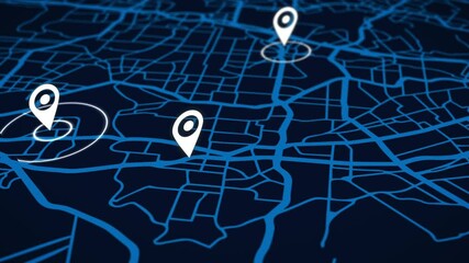 Map navigator with destination pins. GPS navigation route delivery point. Track or address. Pin location determination. Map technology and determine position in the city. High quality 4k footage