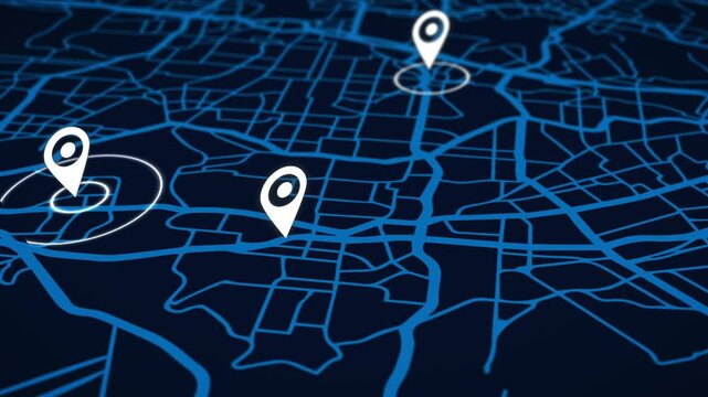Map navigator with destination pins. GPS navigation route delivery point. Track or address. Pin location determination. Map technology and determine position in the city. High quality 4k footage