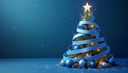 Blue christmas tree with ornaments and ribbon on blue background