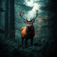 Majestic stag standing in a misty forest, surrounded by lush foliage and soft, diffused light.