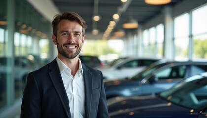 A man in a suit is smiling in front of a row of cars