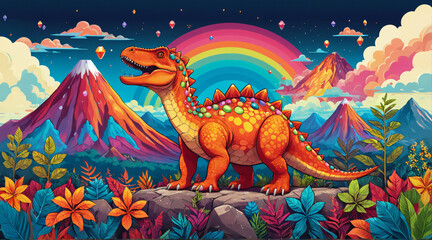 Fototapeta premium A colorful cartoon dinosaur stands on a rock in front of a mountain, surrounded by rainbows.