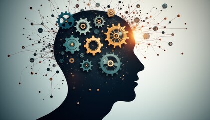 A head with gears on it that is meant to represent the brain